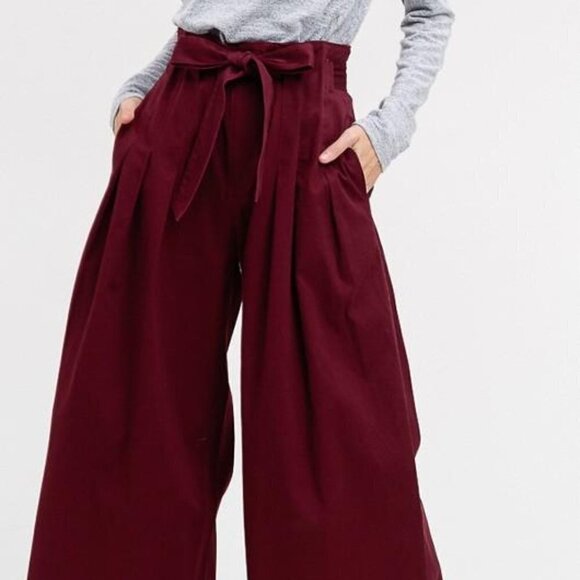 Textured Wide Leg Paper Bag Waist Trouser Pants - Picture 2 of 4